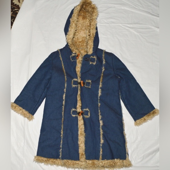 GIRLS KIDS 5Y 6Y BLUE JEANS DENIM FAUX FUR LINING TRIM HOODED COAT JACKET - Picture 1 of 6